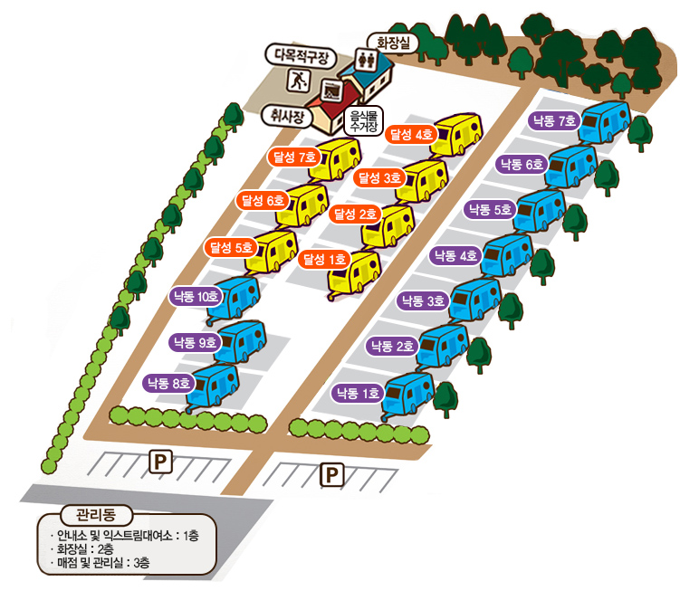오토 캠핑장 배치도 -관리동(관리실:2층,샤워실,화장실:2층,매점:3층),낙동1호~5호,달성1호~7호,취사장,다목적구장,화장실